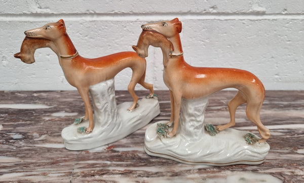 Superb pair of Staffordshire Pottery Greyhounds both with rabbits/hares in their mouths. In good original condition with no cracks or chips, please view photos as they help form part of the description.
