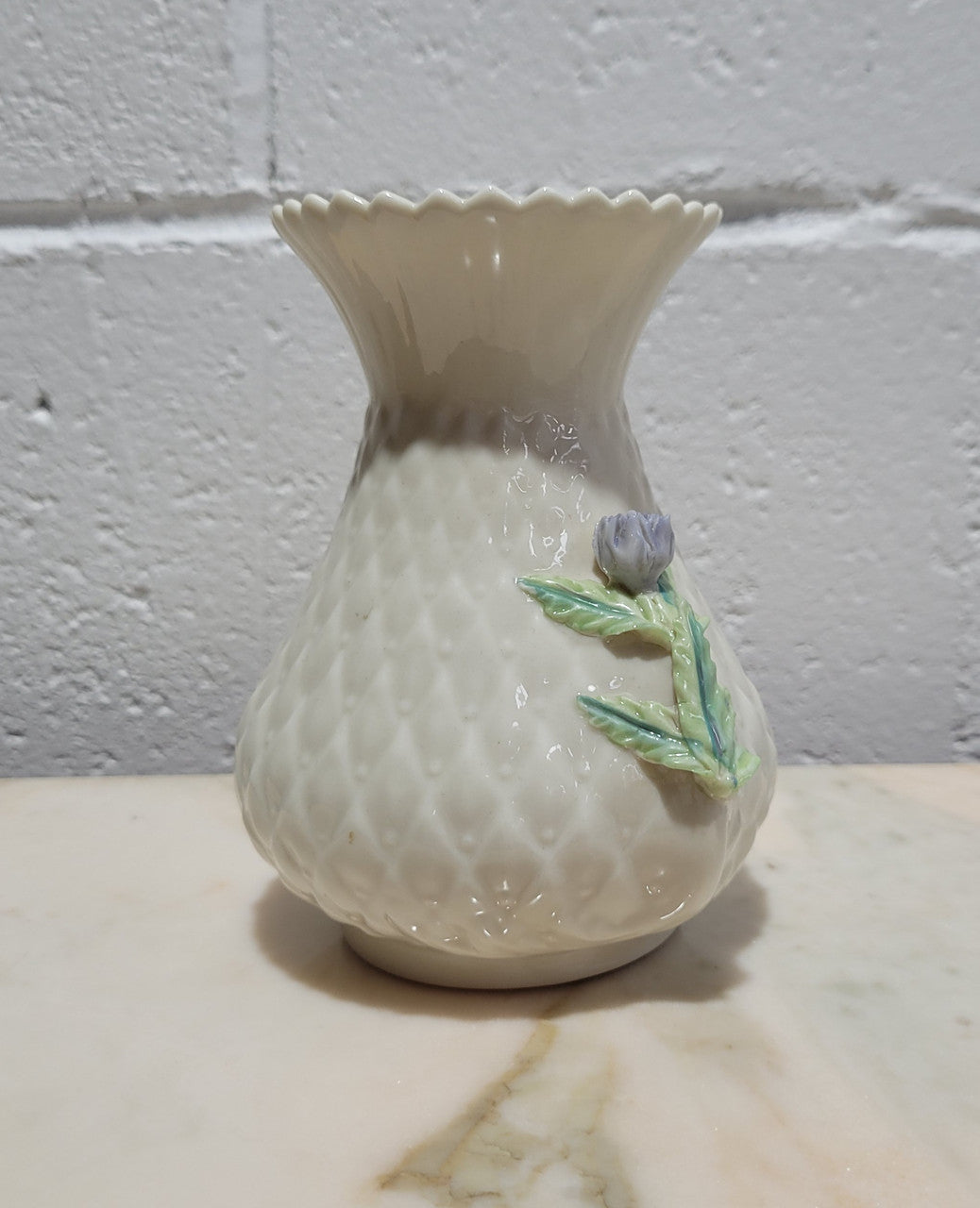 Vintage Belleek Irish porcelain vase a beautiful, rare piece in the thistle design.  Belleek produces fine porcelain characterized by its slightly iridescent glaze. Brown Mark 1980 – 1993.