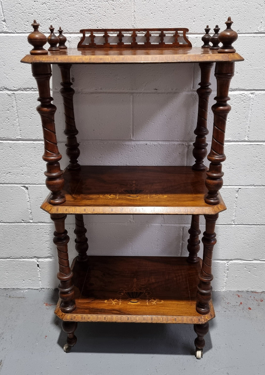 Victorian beautifully inlaid Walnut three shelf What-not. In good original detailed condition.