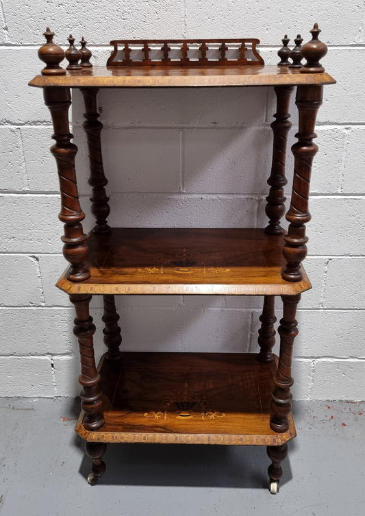 Victorian beautifully inlaid Walnut three shelf What-not. In good original detailed condition.