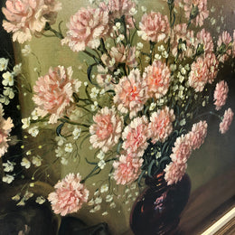 A signed oil on canvas painting of Carnations flowers in an ornate gilt original frame. Circa 1900's in good original condition.