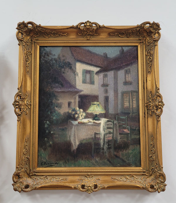 French Antique gilt oil on canvas "Garden Scene". It is signed and is in good original detailed condition.