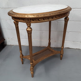 Antique French 19th century Louis XVI style oval inset marble top & giltwood salon/side table. In good condition. Circa 1890.