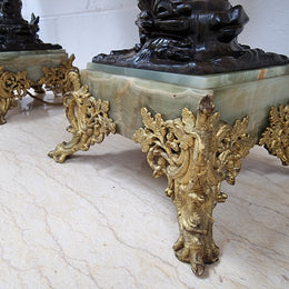 Pair of decorative Antique French gilt bronzed metal and marble table lamps. In good original detailed working condition.