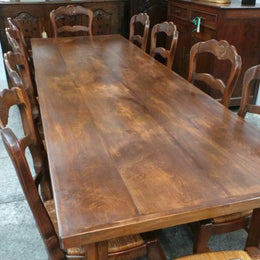Fabulous French cherrywood Farmhouse dining table with a stretcher base and would easily sit 10 people comfortably in fantastic condition.