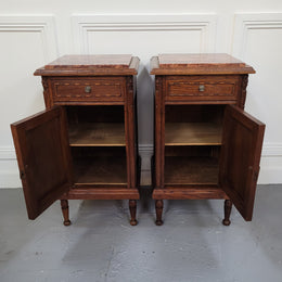 Pair of French Art Deco Oak and rouge inset marble top bedside cabinets. They have one drawer and one cupboard with elegant carving on the door. They have been sourced from France and are in good original detailed condition.
