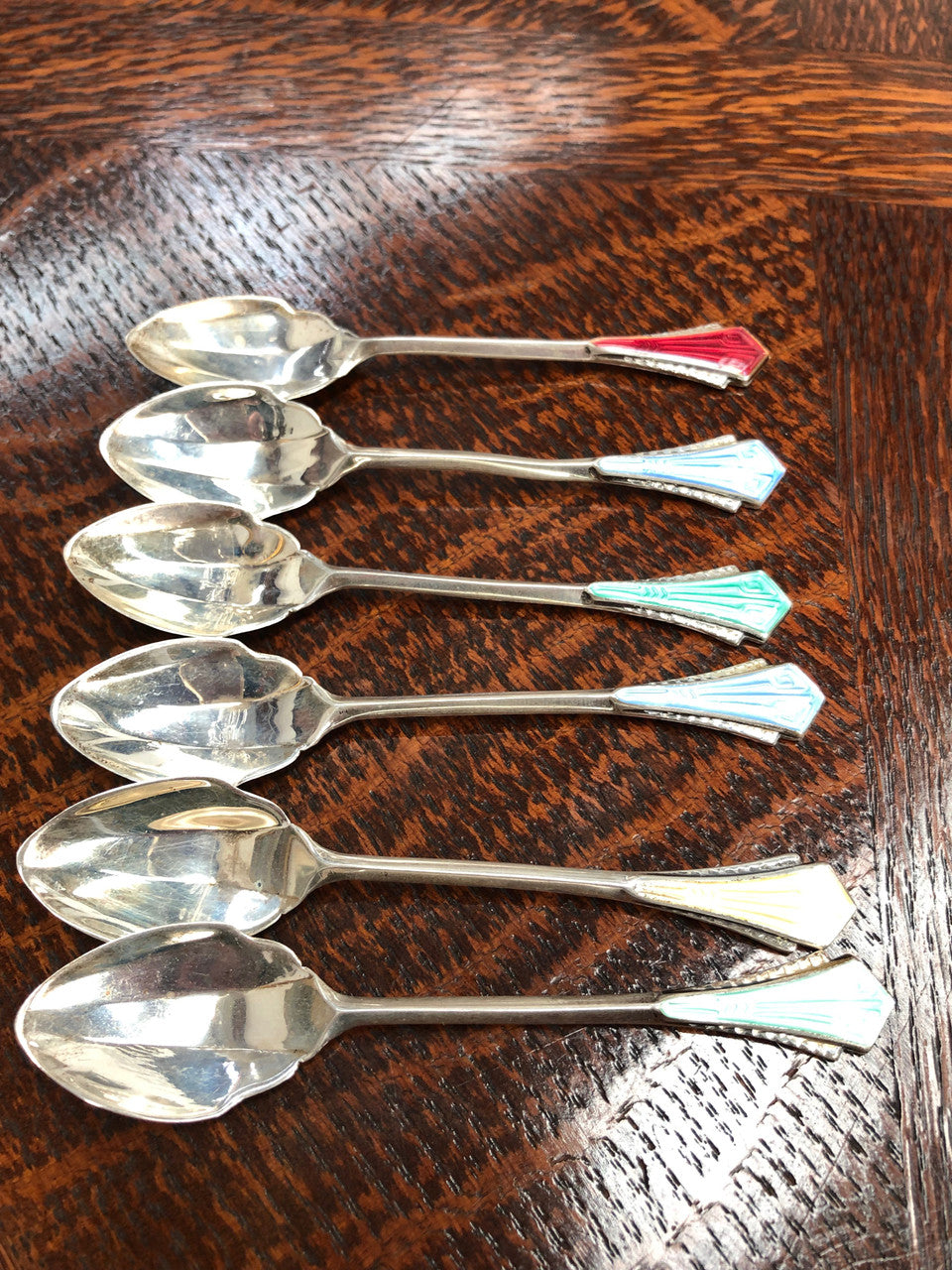 Set Of Six English Art Deco Silver And Enamel Spoons | Antique & Vintage | Moonee Ponds Antiques | Australia Wide Delivery