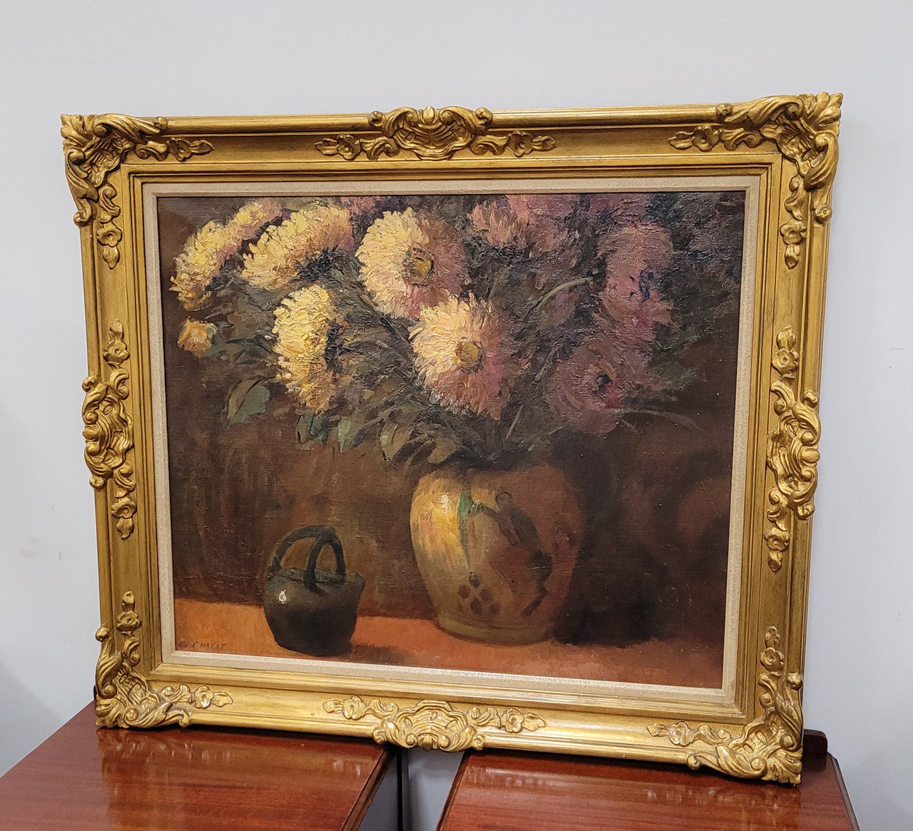French signed oil on canvas depicting floral still life in charming gilt frame. Sourced from France and in good original detailed condition.