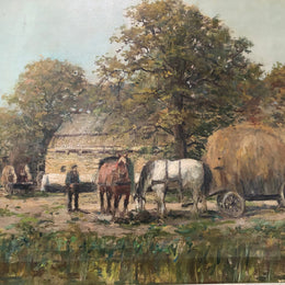 French oil on canvas of a beautiful farm scene in a lovely ornate frame, and in good original condition.