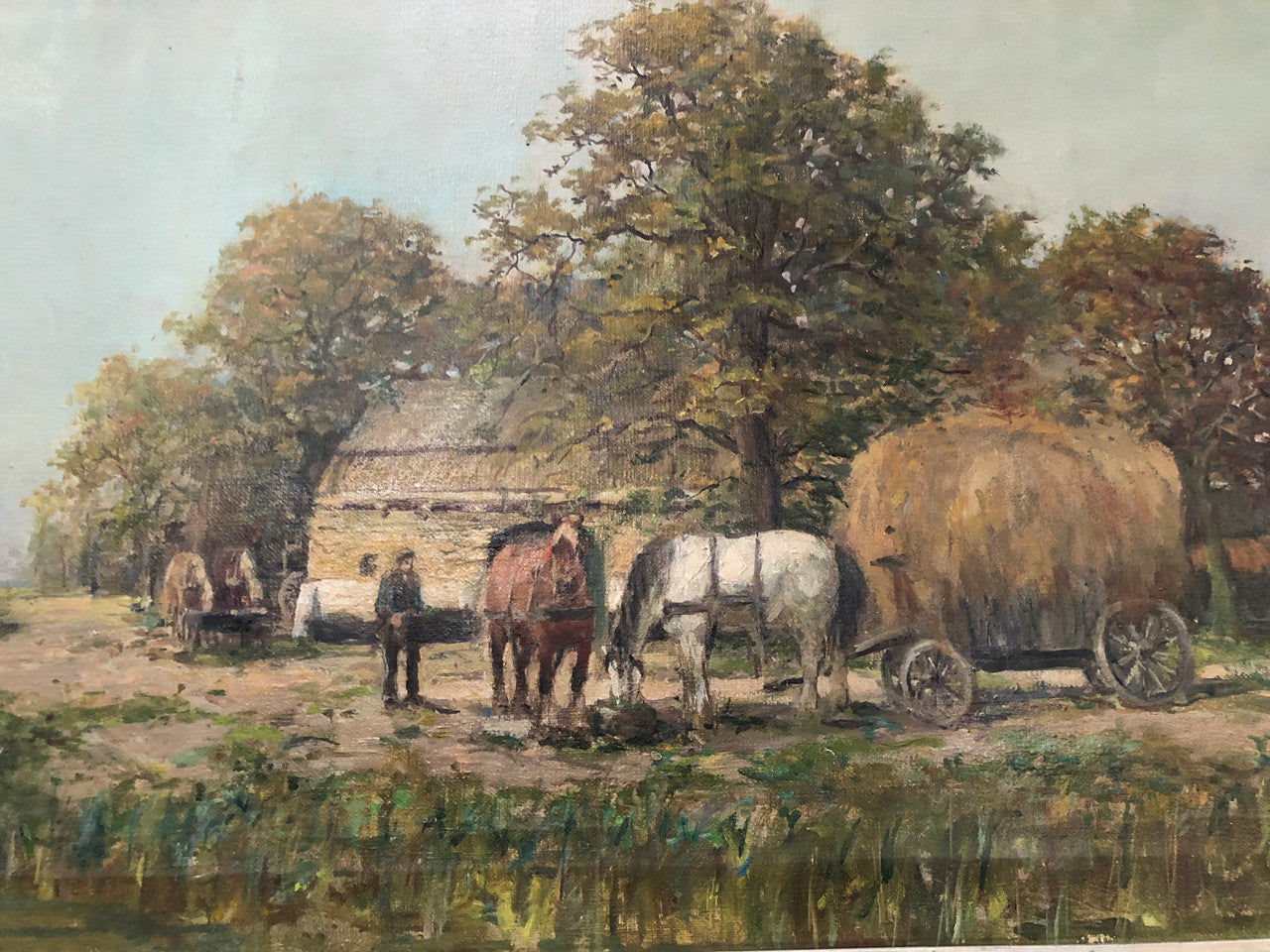 French oil on canvas of a beautiful farm scene in a lovely ornate frame, and in good original condition.