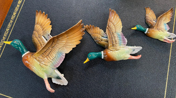 Set of three vintage flying duck wall ornaments. Measurements are for largest duck.