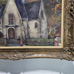 Beautiful large signed French oil on canvas painting, depicting a church/landscape in original gilt frame.