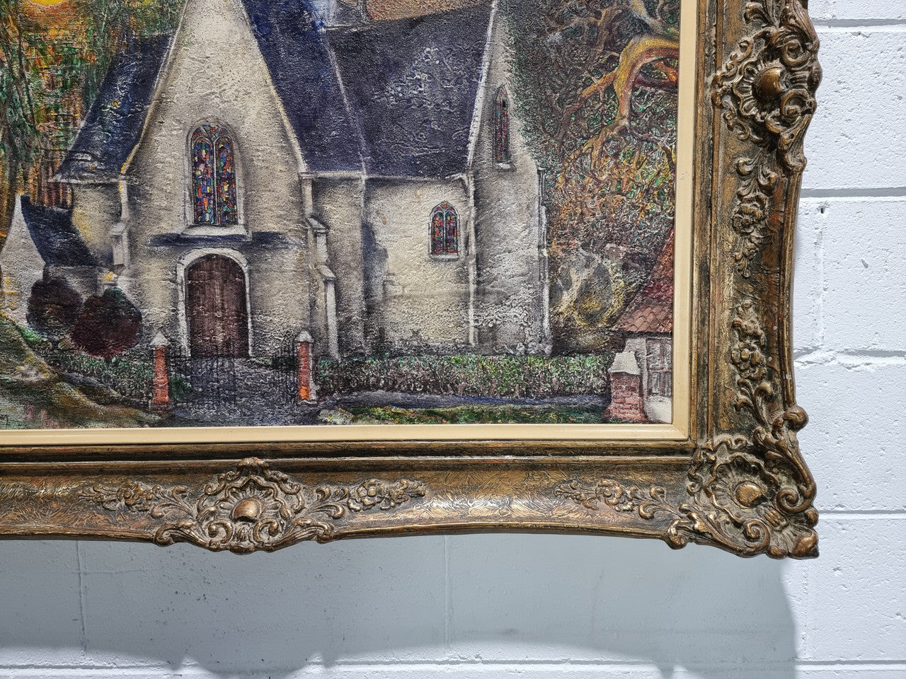 Beautiful large signed French oil on canvas painting, depicting a church/landscape in original gilt frame.