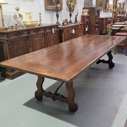 Hard to find three meter Spanish style dining table with a width of 108 cm. Made from reclaimed elm and Oregon with nice iron work. Can easily sit 10-12 people and is in good original detailed condition.