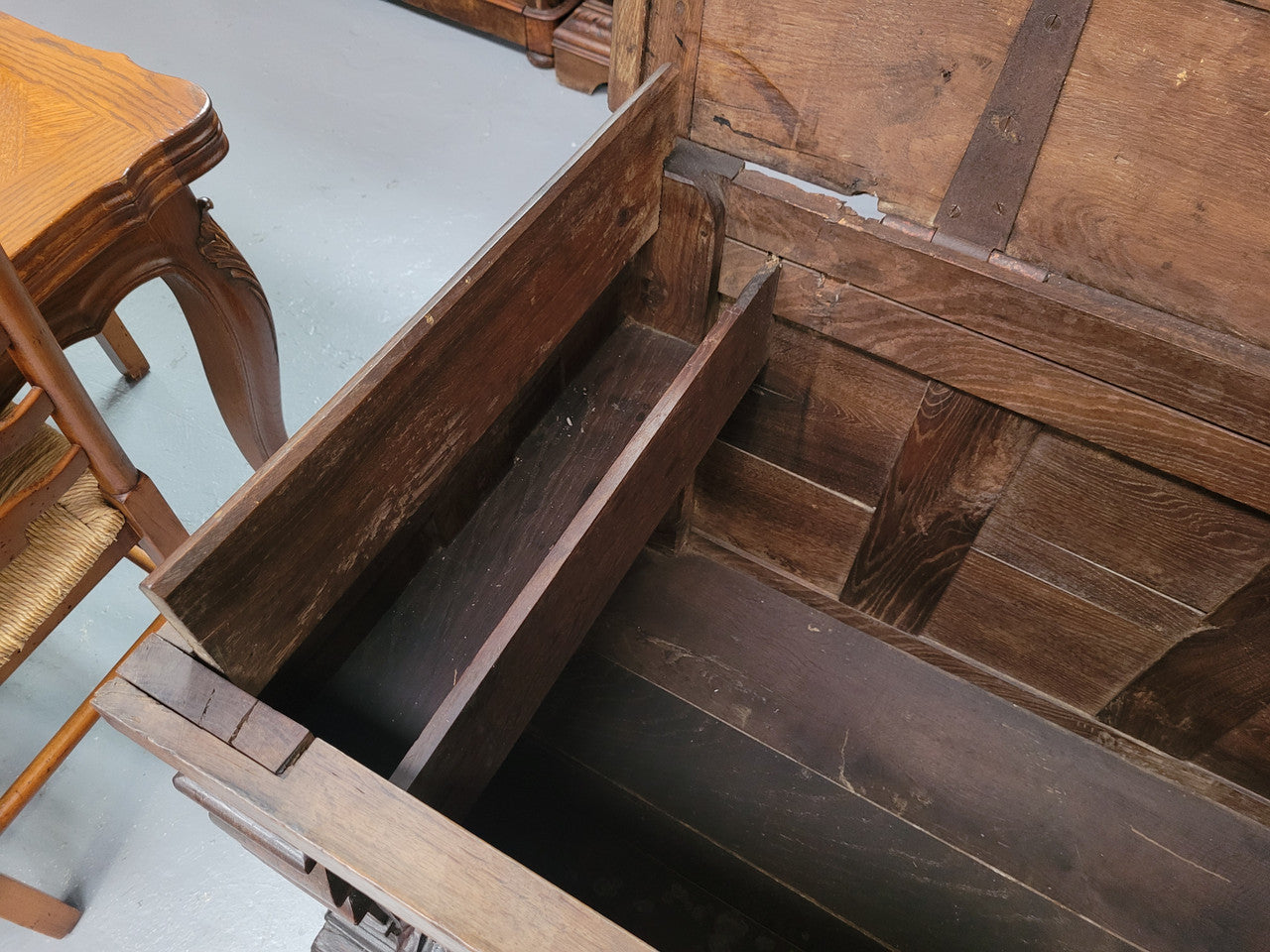 Stunning 18th Century solid French oak Cassone. It has plently of storage space inside along with two drawers at the bottom. It has loads of charter and has been sourced from France. It is in good original detailed condition.