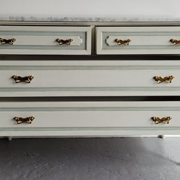 Charming Vintage French Louis 16th style original chalk painted chest of four drawers. It has been sourced from France and in good original condition.