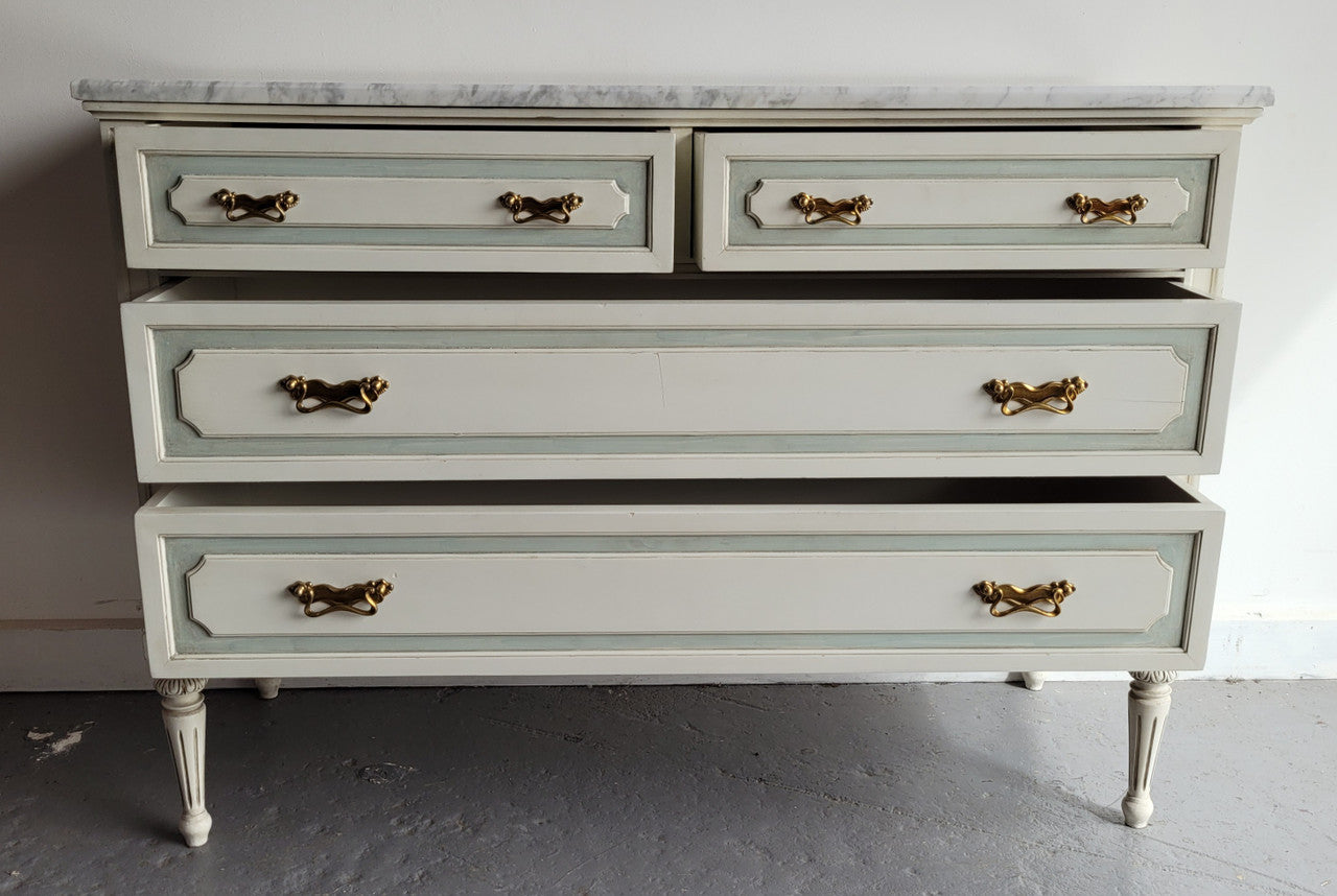Charming Vintage French Louis 16th style original chalk painted chest of four drawers. It has been sourced from France and in good original condition.