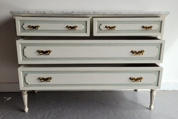 Charming Vintage French Louis 16th style original chalk painted chest of four drawers. It has been sourced from France and in good original condition.