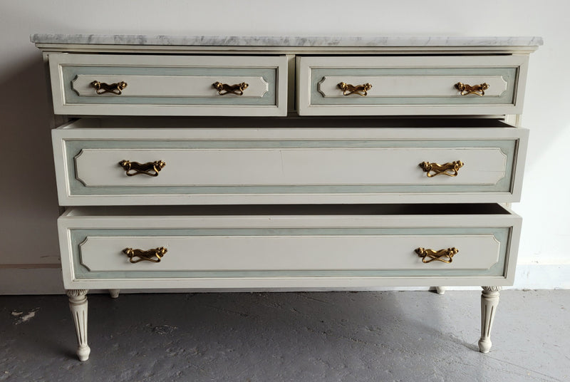 Charming Vintage French Louis 16th style original chalk painted chest of four drawers. It has been sourced from France and in good original condition.