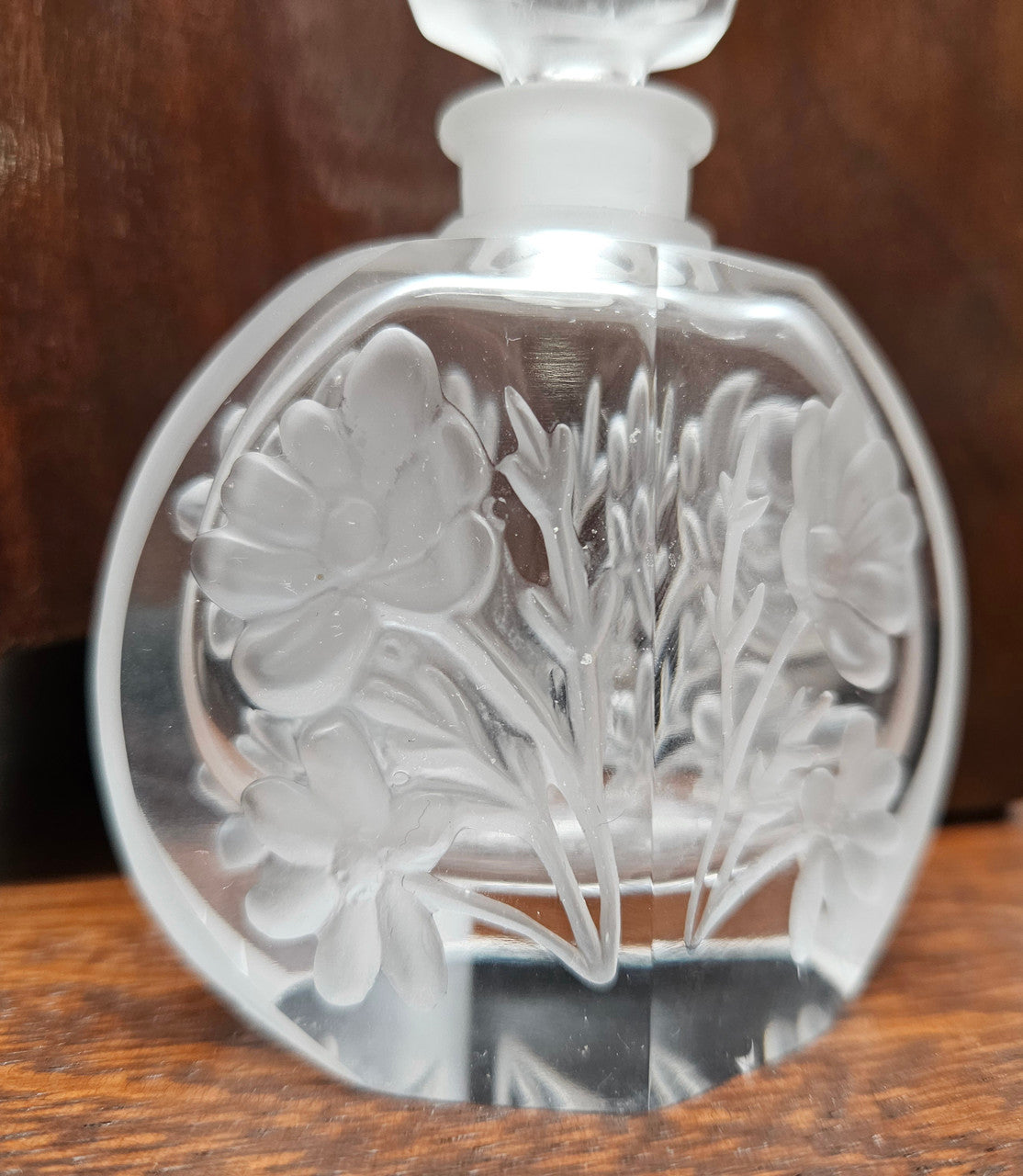 Charming Intaglio Glass Vintage Perfume Bottle and Stopper.