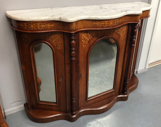 Petite Victorian Marble Top Sideboard-Credenza With Beautiful Marquetry Inlay