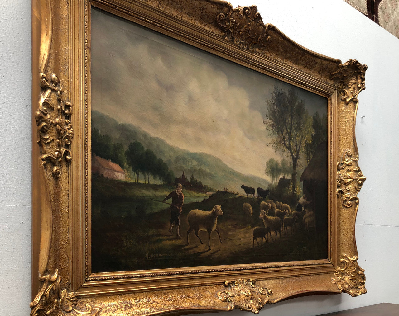Antique Signed & Framed Oil On Canvas of "Country Scene"