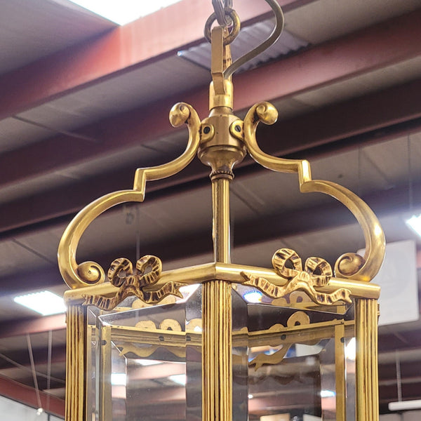 Charming three globe French bronze hexagonal ceiling light with beveled glass. Fully rewired to Australian standards and has been sourced from France. In good original condition.