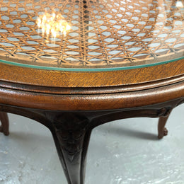 French Carved & Cane Round Table With A Glass Top