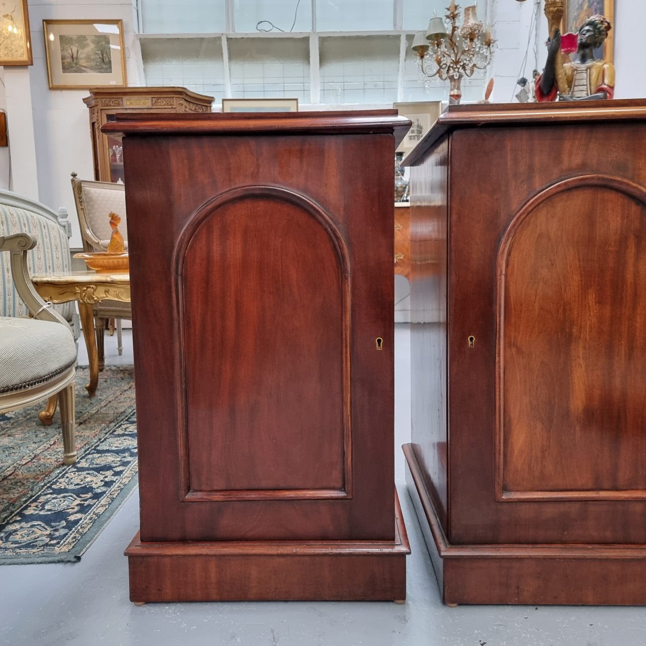 Unique pair of Victorian mahogany bedsides with one fixed shelf. Sourced locally and in good original detailed condition.
