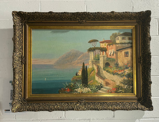 Superb gilt framed oil painting of Italian coastal scene. Sourced from France and is in good original detailed condition.