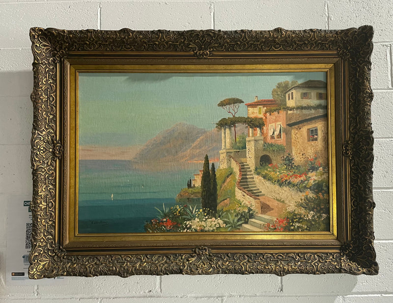 Superb gilt framed oil painting of Italian coastal scene. Sourced from France and is in good original detailed condition.