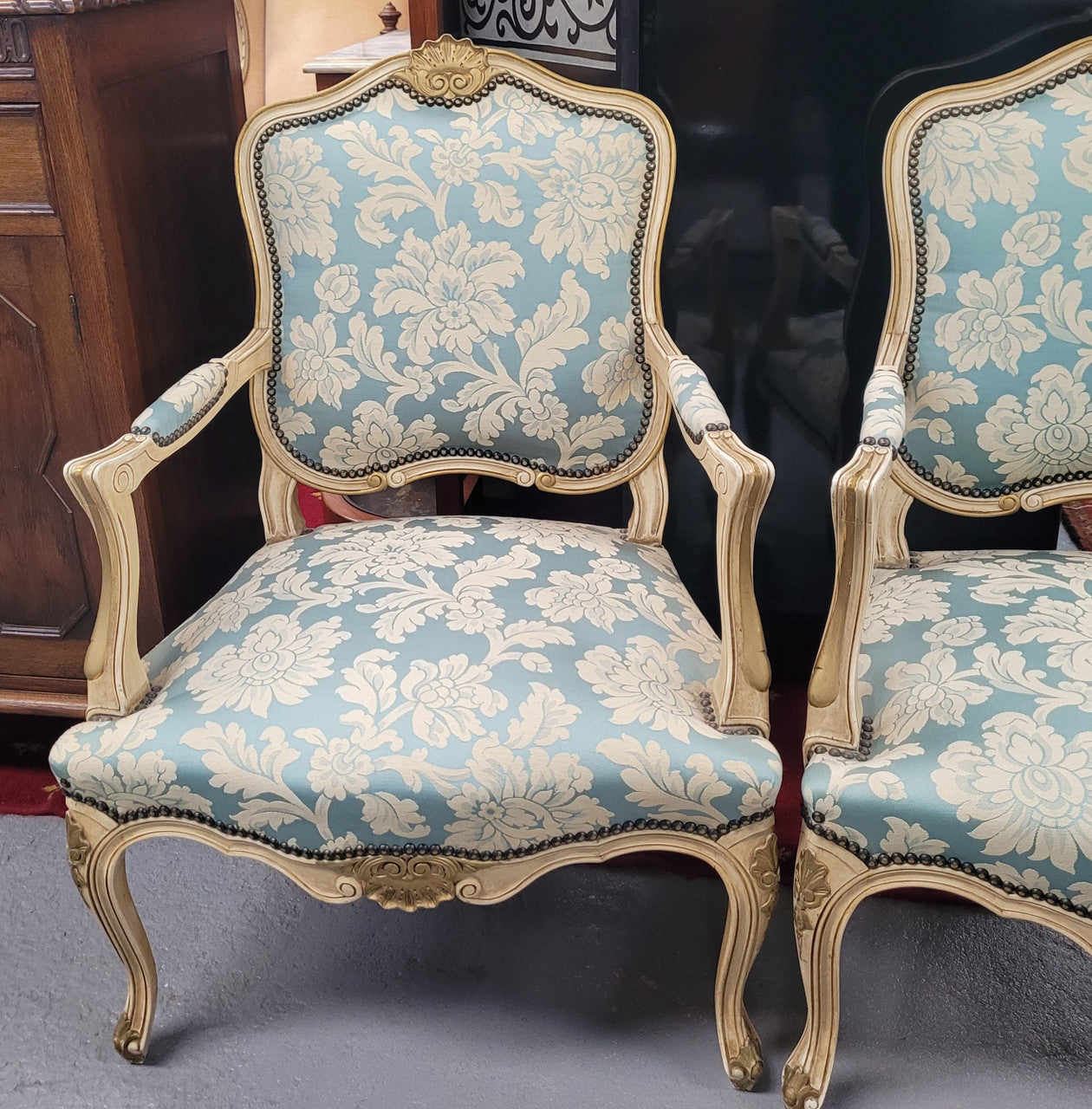 Pair of French Upholstered Louis XV Style Painted Armchairs | Antique & Vintage | Moonee Ponds Antiques | Australia Wide Delivery
