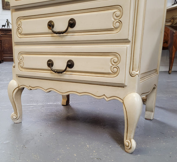 Vintage French Louis 15th Style original painted seven drawer semainier of pleasing narrow proportions with panelled sides. They have been sourced from France and are in good original condition.