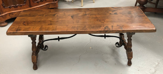 Vintage French Fruitwood & iron stretcher base coffee table. In good original detailed condition.