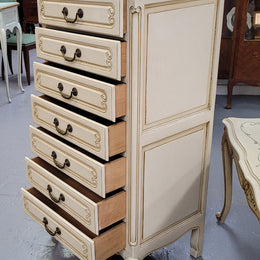 Vintage French Louis 15th Style original painted seven drawer semainier of pleasing narrow proportions with panelled sides. They have been sourced from France and are in good original condition.