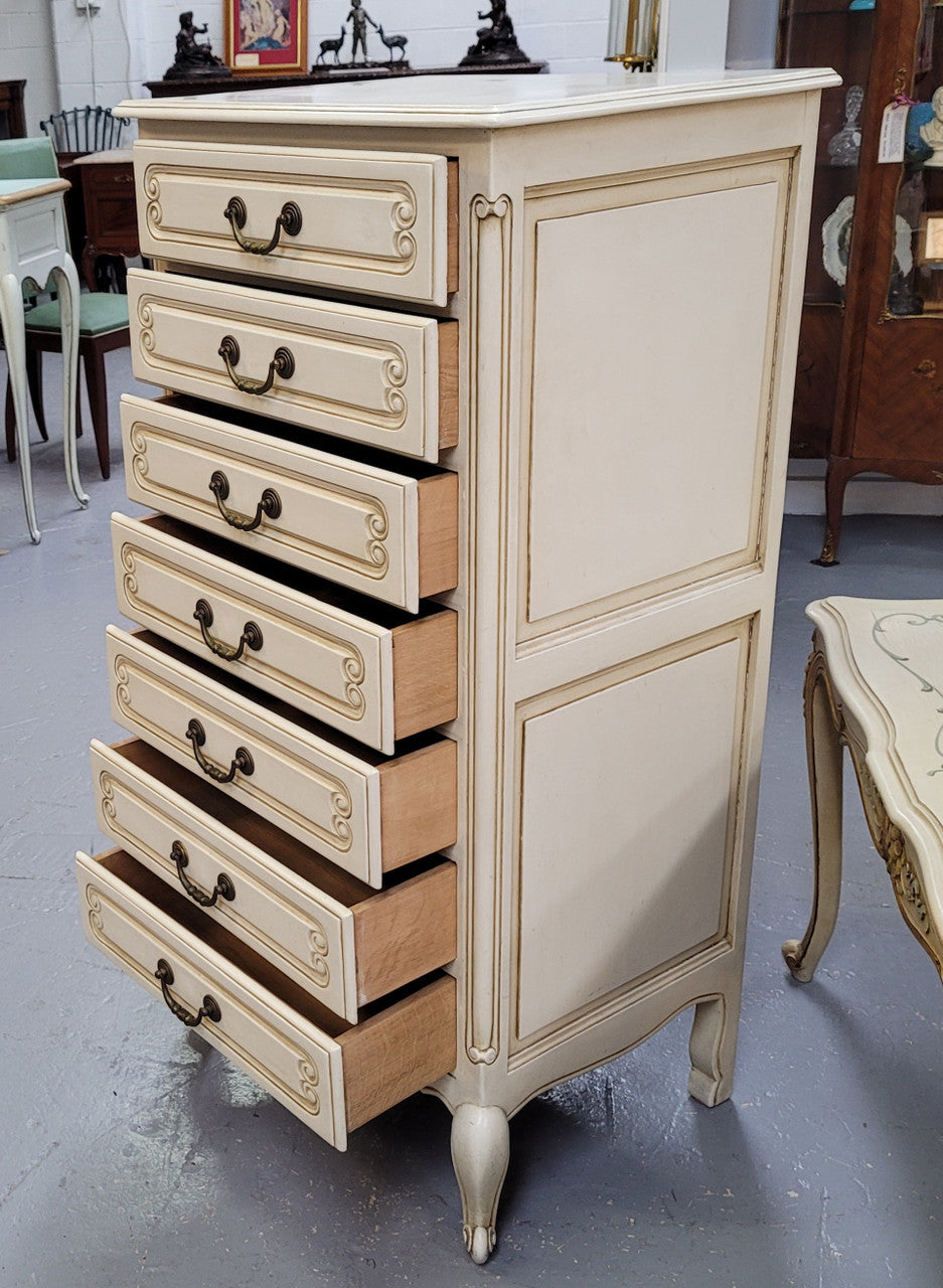 Vintage French Louis 15th Style original painted seven drawer semainier of pleasing narrow proportions with panelled sides. They have been sourced from France and are in good original condition.