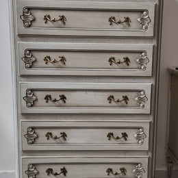 French Louis 15th style Vintage six drawer chest with paneled sides, carving and original paint.  Sourced from France and in good original condition.