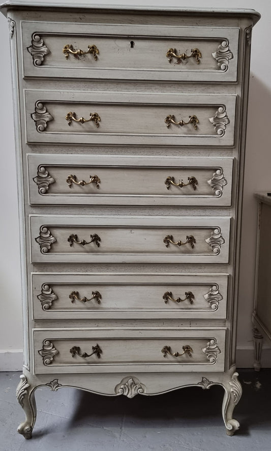 French Louis 15th style Vintage six drawer chest with paneled sides, carving and original paint.  Sourced from France and in good original condition.