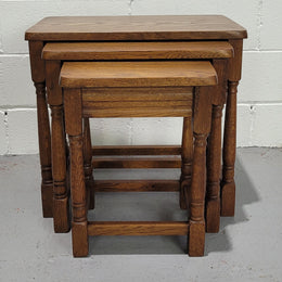 Lovely tudor oak style three nest tables. Circa 1950, In good original detailed condition.