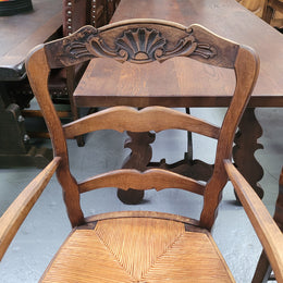 Pair Louis XV Style Oak Rush Seated Carver Chairs