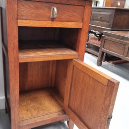 Pair of French Oak Arts & Crafts Marble Top Bedsides