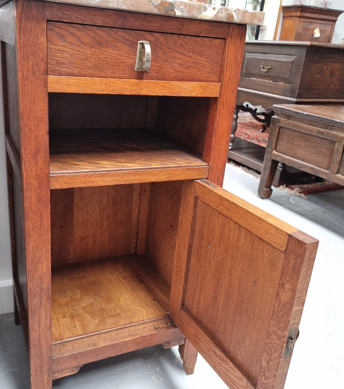 Pair of French Oak Arts & Crafts Marble Top Bedsides