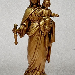 Vintage Mary gilt metal on a wooden stand, It is in good original condition and has been sourced locally. Please view photos as they help form part of the description.