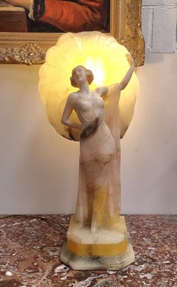 Monumental Art Deco Alabaster & Marble Figural Lamp Modelled As a Seductively Dressed Semi Naked Woman | Antique & Vintage | Moonee Ponds Antiques | Australia Wide Delivery