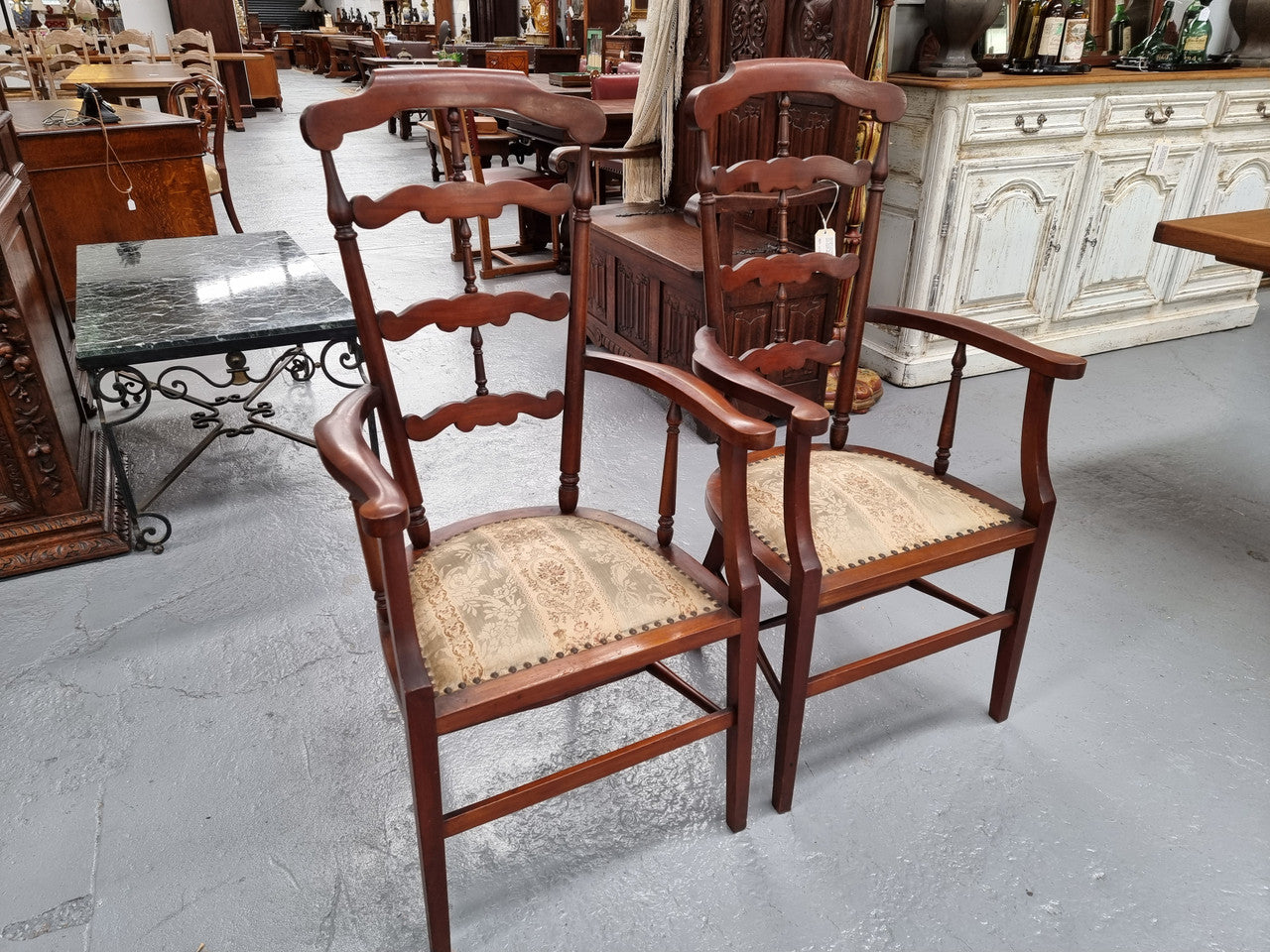 Pair of Mahogany Cottage Arm Chairs With Ladder Back
