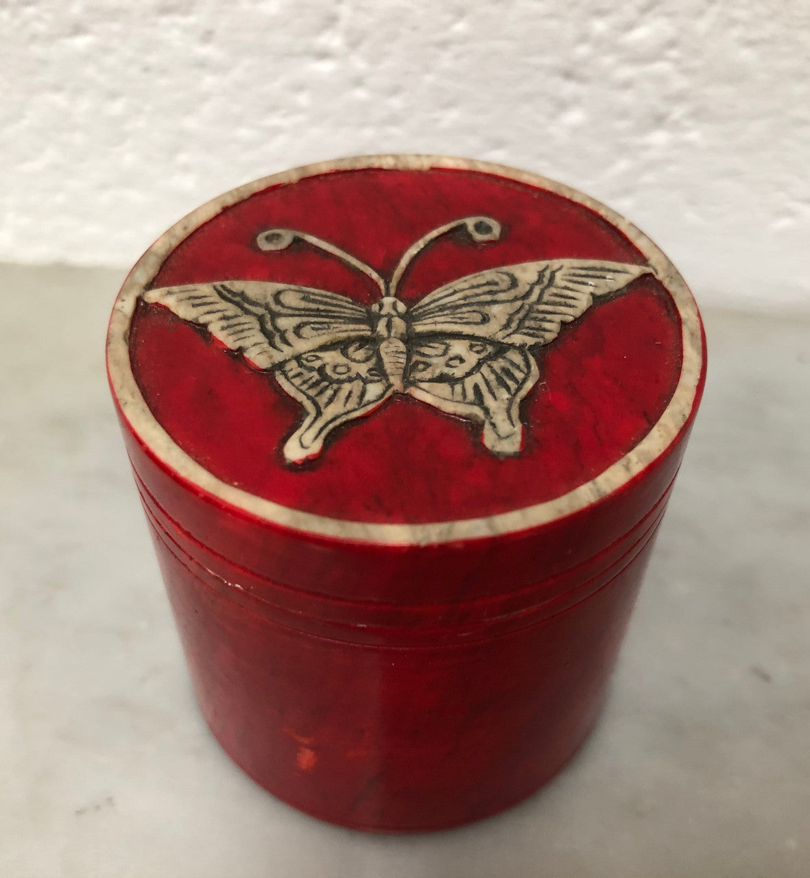 Vintage Hand Carved Marble Trinket Box With Butterfly