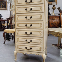 Vintage French Louis 15th Style original painted seven drawer semainier of pleasing narrow proportions with panelled sides. They have been sourced from France and are in good original condition.