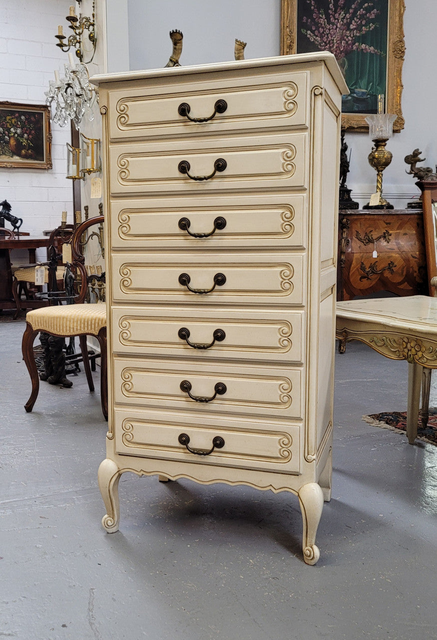 Vintage French Louis 15th Style original painted seven drawer semainier of pleasing narrow proportions with panelled sides. They have been sourced from France and are in good original condition.