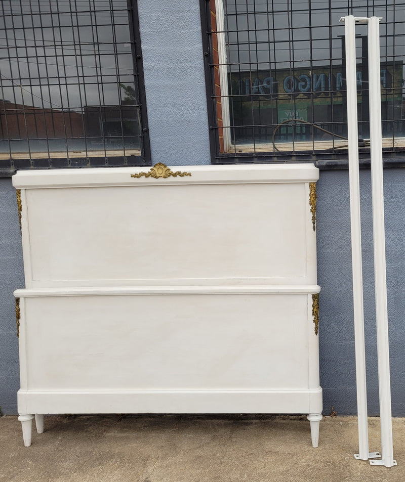 French Louis 16th style chalk painted queen size bed with gilt decorative mounts and includes custom slats. It has been sourced from France and in good original condition.