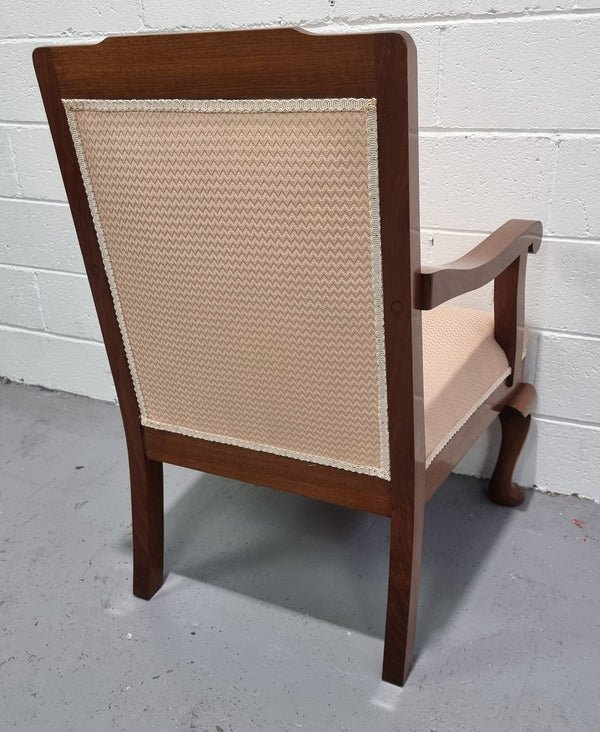 Australian Fiddleback Blackwood upholstered armchair with queen anne legs. In good original condition.